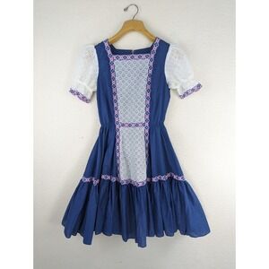 Vtg Malco Modes Square Dance Dress Ruffled Size 8 Blue Pink‎ Short Sleeve